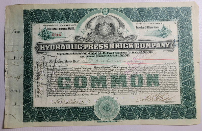 Vintage 1908 Hydraulic-Press Brick Company Stock / Common Share , One (1) Share