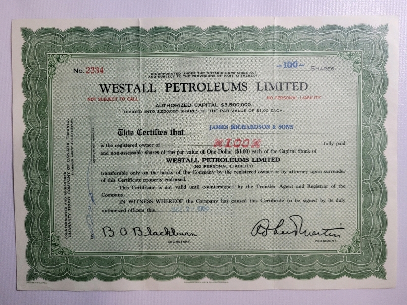 Vintage 1964 WESTALL PETROLEUMS LIMITED Stock / Common Shares , 100 Shares