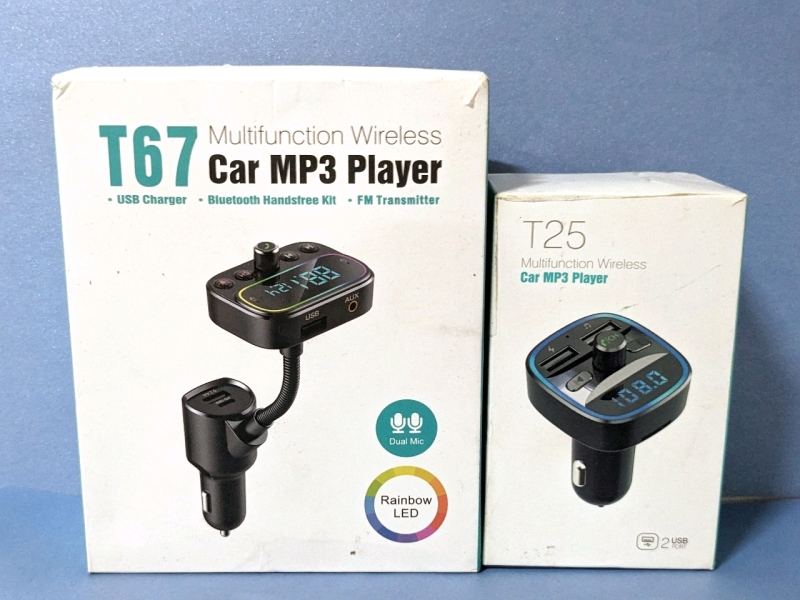 2 New Open Box Multifunction FM Transmitter / Handsfree Kits / USB Chargers (As-Is)