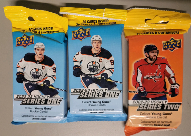 2022 - 2023 Upper Deck Series One & Two NHL Hockey Trading Card Sealed Wax Packs , 3 Packs