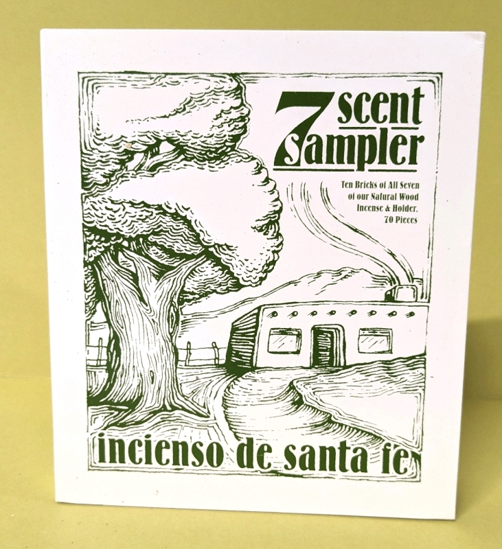 New INCIENSO DE SANTA FE Wood Incense 7 Scent Sampler with Holder ( Includes Piñon, Cedar, Juniper, Hickory, Alder, Mesquite and Fir Balsam )