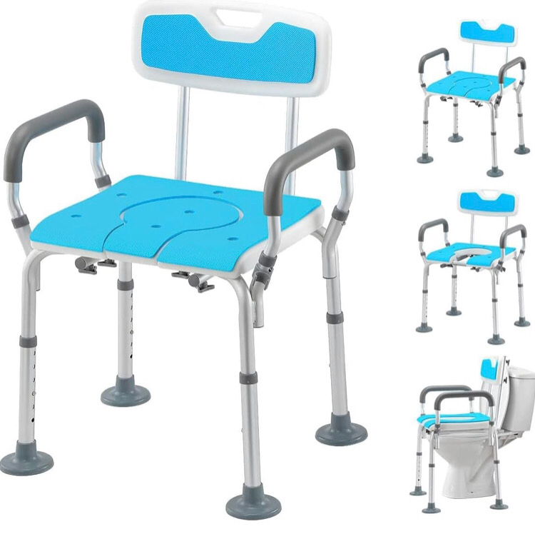 HEAO 3 in 1 Shower Chair with Arms and Back, Heavy Duty Bath Chair 400lbs with 3.9" Big Non-Slip Rubber Tips, Adjustable Bedside Commode Shower Seat