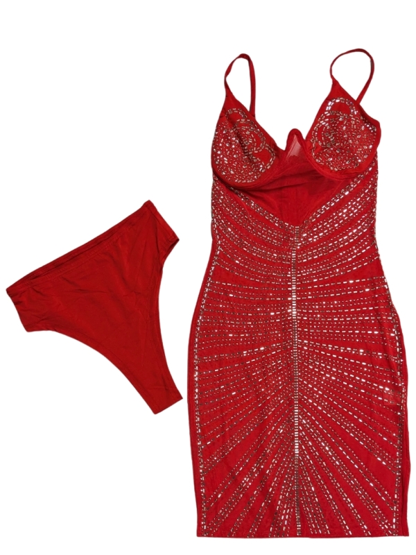 New Red & Shimmery Embellished Sexy Party Dress with Matching Underwear (Size Small)