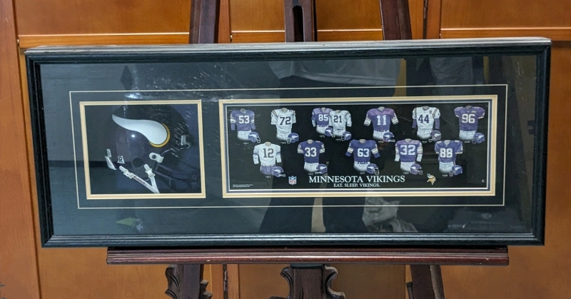 Vintage Minnesota Vikings NFL Shadowbox with Miniature Helmet + Print of Uniforms 1961-1998