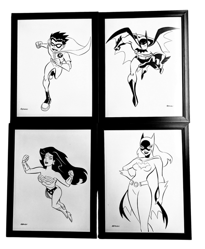 4 Framed DC Comics Superhero Prints by Repovski / Batman, Robin, Wonder Woman & Catwoman 9.5" x 12"