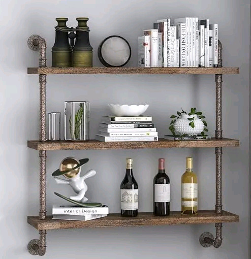 New - Helsin 3-Tier Industrial Pipe Shelf Rustic Wood Floating Shelves