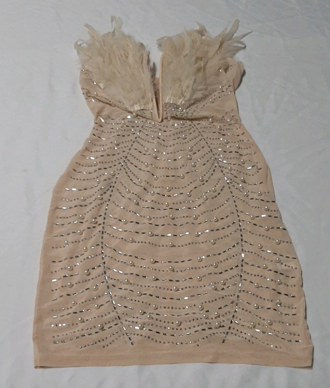 Bodycon Dress Trimmed with Pearls Rhinestones and Feathers. Back Zipper Panties included Size S