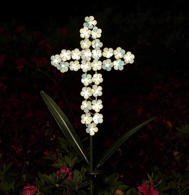 NEW Joyathome Solar Cross Garden Stake Outdoor Lights, 40 Inch Solar Powered Cross Lights Stake with 24 LED Decorative Flower Lights for Remembrance Gifts