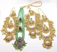 4 New Intricate Indian Wedding-Style Necklace & Earrings Sets: Gold Tone & Faux Jade.