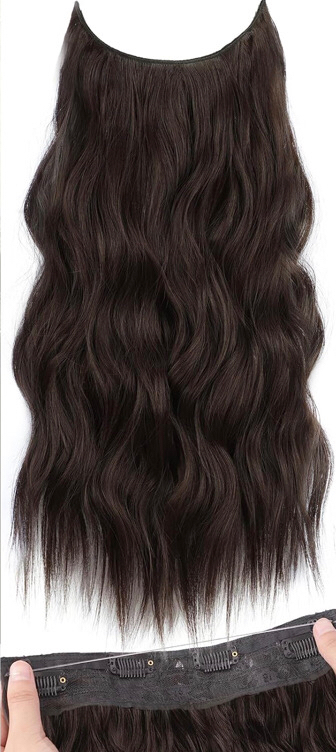 KooKaStyle Invisible Wire Hair Extensions with Transparent Wire Adjustable Size 4 Secure Clips Long Wavy Secret Hairpiece 20 Inch