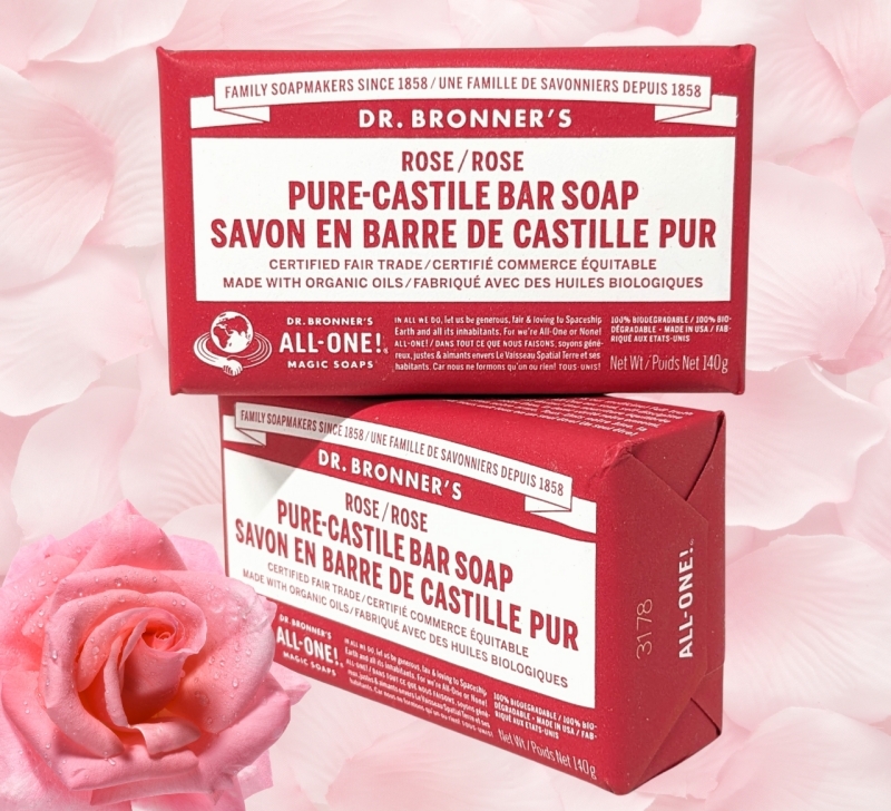 2 New Bars DR BRONNER'S Rose Pure-Castile Bar Soap (140g ea)