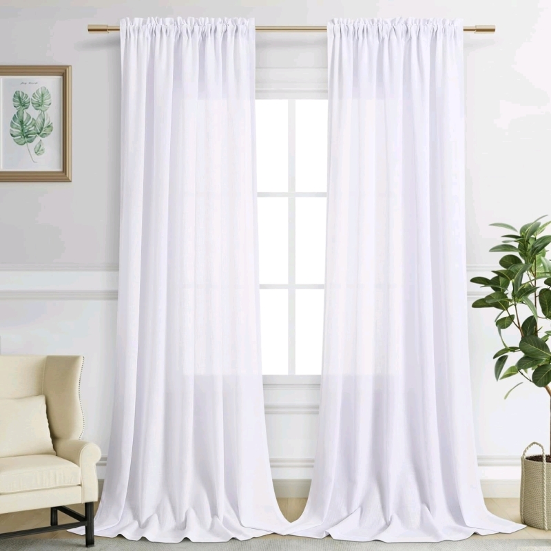 New Guken White Linen Curtains 90 Inches Long 2 Panel Set Rod Pocket Semi Sheer 52" x 90"