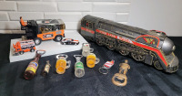 Man Cave Lot - Vintage Tin Train , 8 Beer Bottle Openers & Philadelphia Flyers Memorabilia