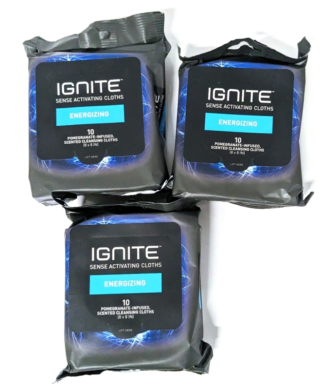 3 New Packs IGNITE Sense Activating Cloths : Pomegranate & CoffeeInfused (10 Cloths 8x8" per Pack)