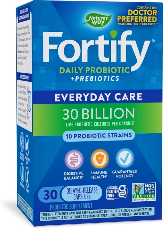 New Nature's Way Fortify Daily Probiotic + Prebiotic for Men and Women, 30 Billion Live Cultures, Digestive and Immune Health Support Supplement (30 Capsules)