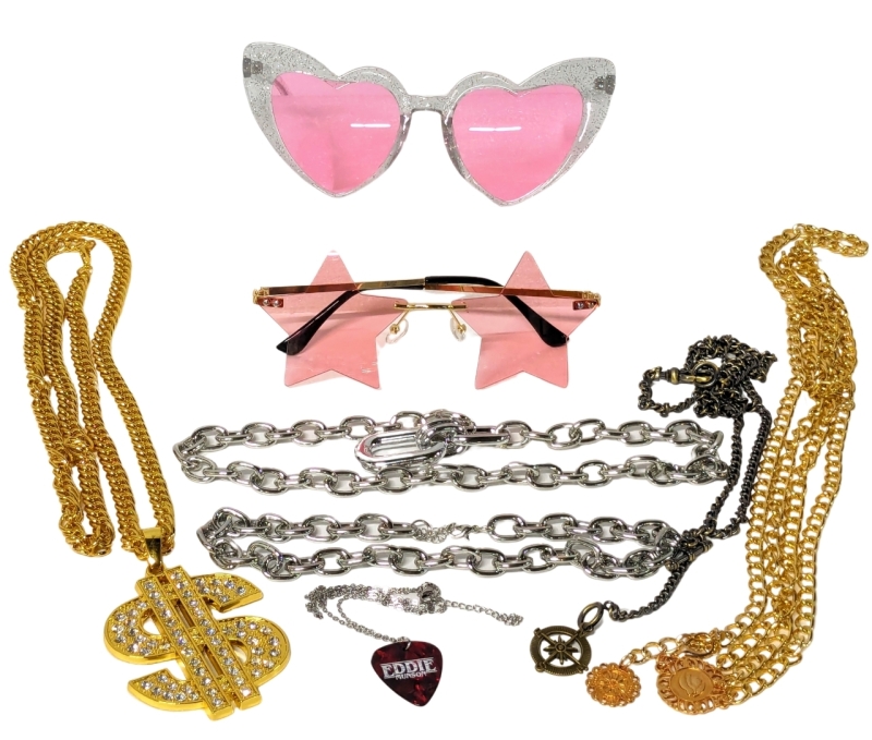 New Fashion Jewelry & Rose-Tinted Glasses : Substantial Gold Tone Dollar Sign Necklace, Eddie Munson Guitar Pick Necklace +