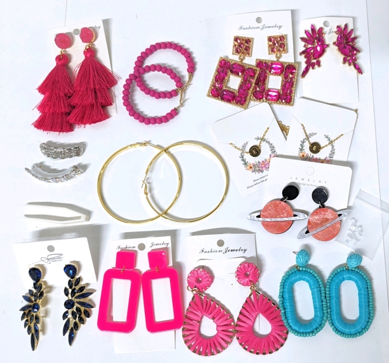 Assorted New Jewelry : Ten Pairs of Earrings (Giant Gold Tone Hoops are Stamped S925 ), Two "E" Initial Chain Bracelets & "Hip Hop Grillz"
