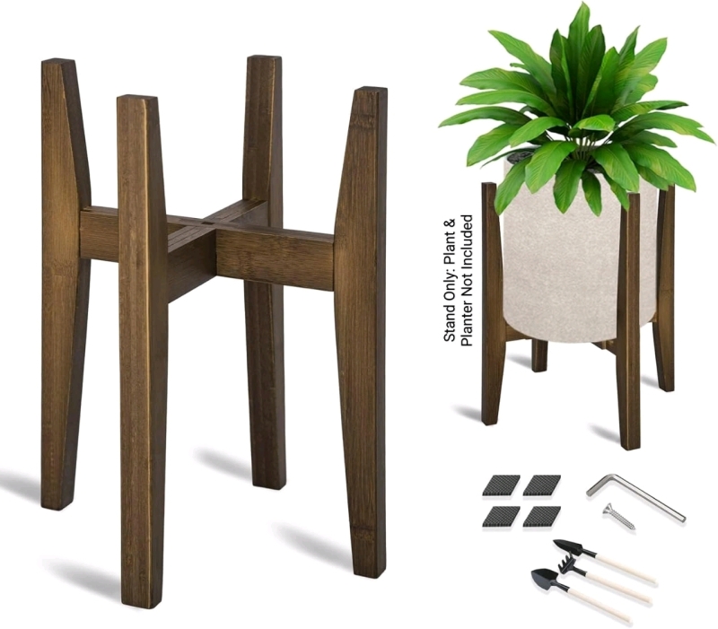 New OERGKE Adjustable Bamboo Plant Stand, Bamboo Mid Century Modern Plant Stand, Fits 8 to 12 Inches Pots