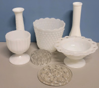 Vintage Milk Glass - some Signed & Two (2) Clear Glass Flower Frogs