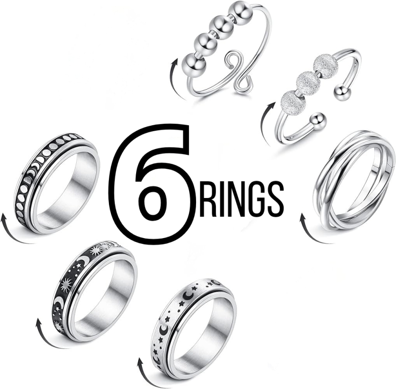 6 New Stainless Steel Anxiety / Fidget Rings Size 5