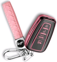 New Key Fob Cover with Premium Woven Strap Keychain TPU Suitable for 2018-2024 Toyota Highlander RAV4 Camry Avalon C-HR Corolla GT86 (Style 1-Pink)