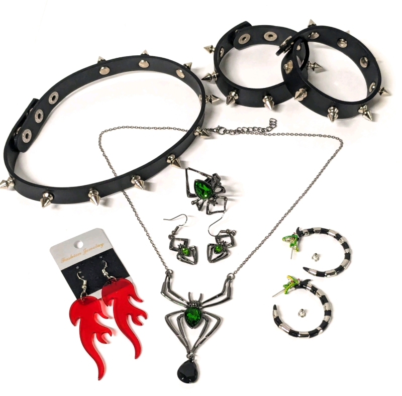 New Punky Jewelry: Beetlejuice Sandworm Earrings, Acrylic Flame Earrings, Spider Jewelry Set & Spiked Collar & Bracelets