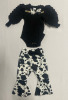 NEW Adorable Black Onzie with bootcut cow print pants and cow print bow tie , size 9 - 13 months