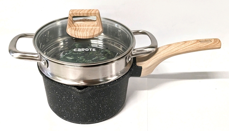 New CAROTE Essential Woody Granite Non-Stick 2.4qt Saucepan w Lid & 7" Steamer