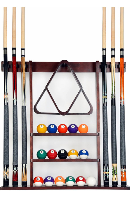 NEW Iszy Billiards Pool Cue Rack - Billiard Pool Stick and Ball Holder Only - 100% Wood Wall Mount Holds 6 Cues and 16 Balls - Pool Table Accessories, Mahogany