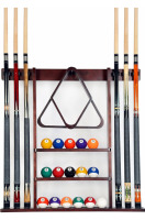 NEW Iszy Billiards Pool Cue Rack - Billiard Pool Stick and Ball Holder Only - 100% Wood Wall Mount Holds 6 Cues and 16 Balls - Pool Table Accessories, Mahogany