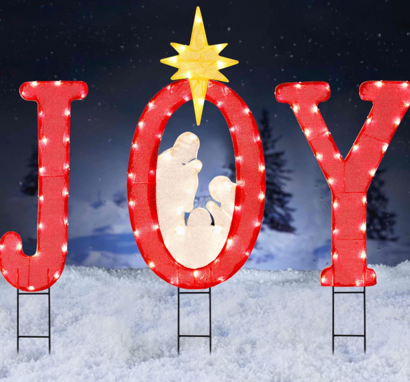 LEWIS&WAYNE Christmas Joy Nativity Yard, 45’’ Tall Pre-lit Metal Marquee Letter Joy Sign