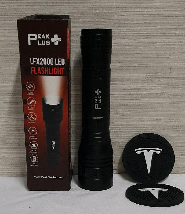 PeakPlus High Powered LED Flashlight LFX2000, Brightest High Lumen Light with 5 Modes, Zoomable and Water Resistant, Takes 4 AA Batteries 2 Tesla Coaster Inserts for your Cupholder