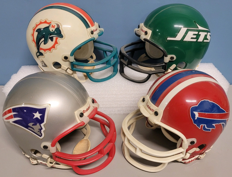 NFL Football AFC East Team Mini Helmets by Riddel . Four (4) Helmets