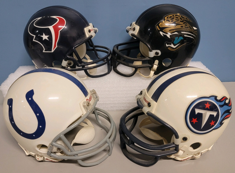 NFL Football AFC South Team Mini Helmets by Riddel . Four (4) Helmets