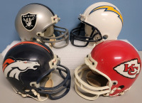 NFL Football AFC West Team Mini Helmets by Riddel . Four (4) Helmets