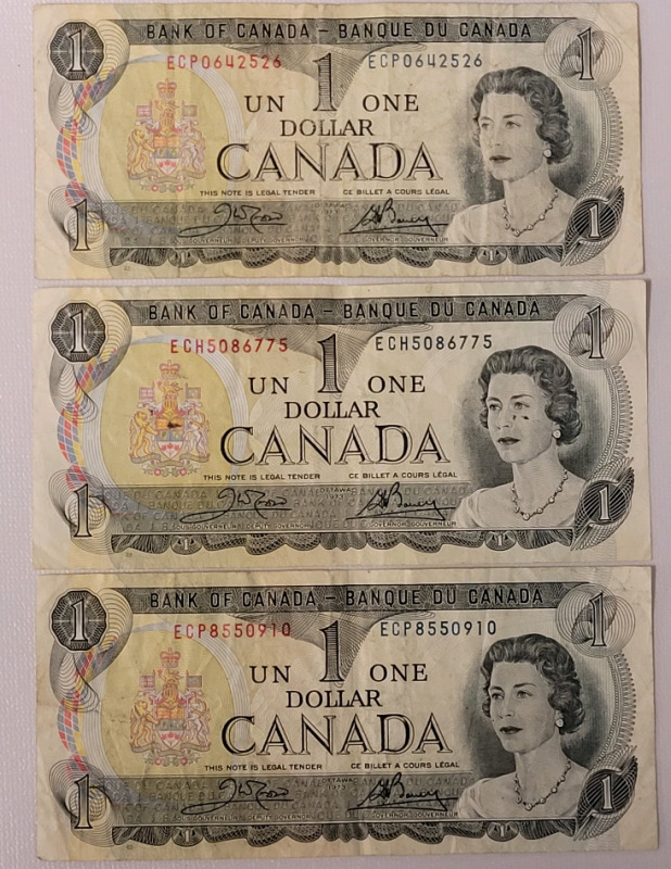 1973 Canadian Bank of Canada One Dollar Bank Notes , 3 Notes Various Circulated Condition