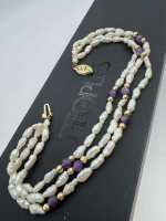14Kt Yellow Gold Amethyst & Pearl Bracelet 3 Strand