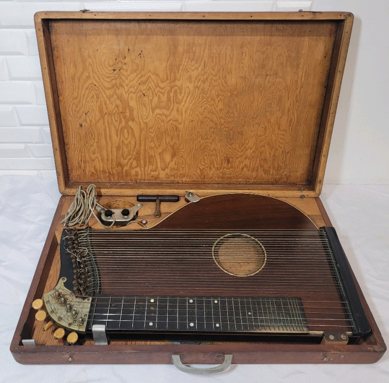 Antique 31-String German Zither in Cedar Box w/Vintage Amplifier Electronic Component