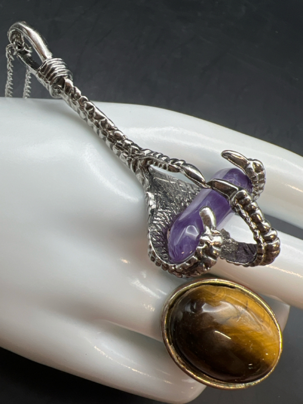 Statement Eagle Claw Amethyst Pendant Tiger Eye Ring