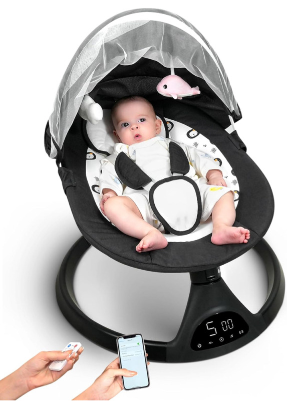 NEW Queerick Baby Swing for Infants to Toddler Portable Babies Swing Timing Function 5 Swing Speeds Bluetooth Touch Screen Music Speaker with 10 Preset Lullabies 5-Point Carabiner