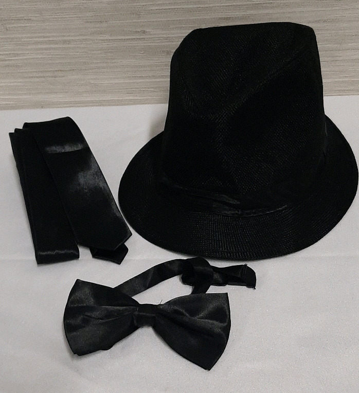 Black Fedora, Black Bow Tie and a Narrow Black Tie