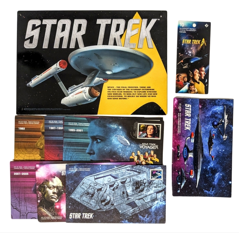 STAR TREK : Tin Sign 8" x 11.5" , Booklet of 10 Permanent Canadian Stamps, 7 Official First Day Covers Envelopes