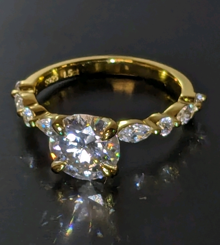 Stunning 1.5ct Round Moissanite Ring D Color VVS1 Clarity Gold Plated over Sterling Silver 925 (Size 5)