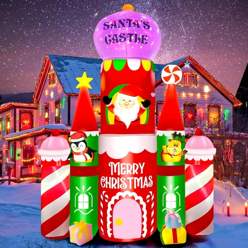 New 10ft Tall Giant Light-Up Inflatable Candy Castle Christmas Decor Yard Decoration