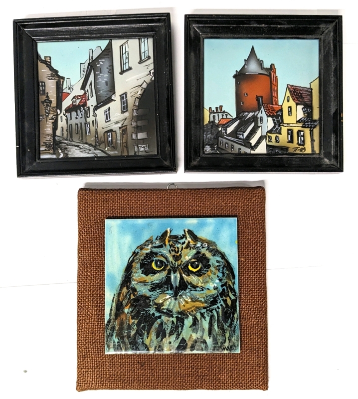 3 Decorative Art Tiles : 2 Framed, 1 Mounted Handpainted Original Tile Signed by Artist