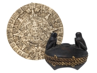 Neat 9.4" Hanging Aztec / Mayan Calendar & Lightweight Wood Hinged Oval Box Topped with 2 Crouching Humans