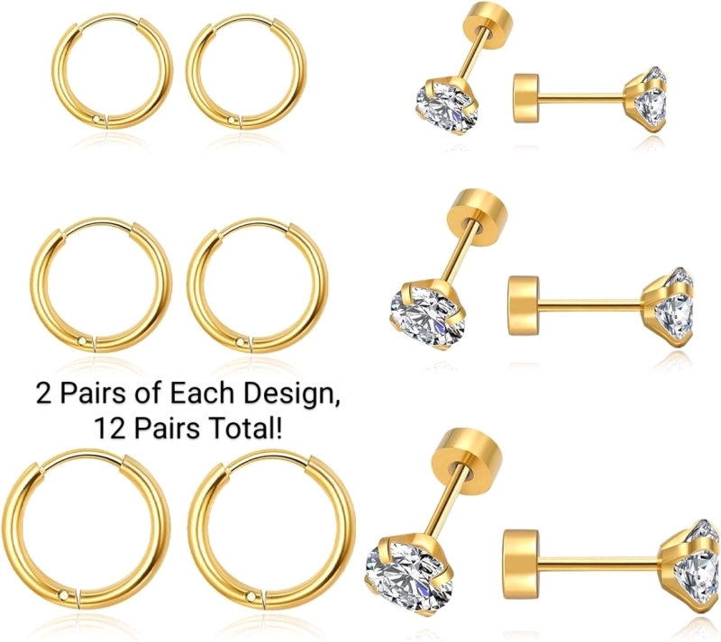 12 New Pairs of 14K Gold Plated Surgical Steel Cartilage Earrings Studs & Chunky Hoops / Huggers (6 Designs, 2 Pairs Each)
