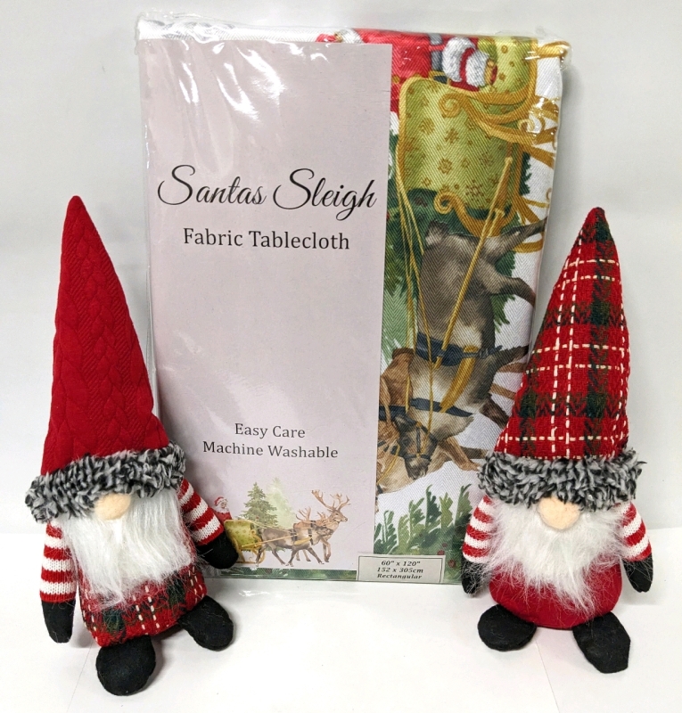 New Santa's Sleigh Tablecloth (60" x 120") & Two 10" Tall Winter Soft Fabric Gnomes / Gonks