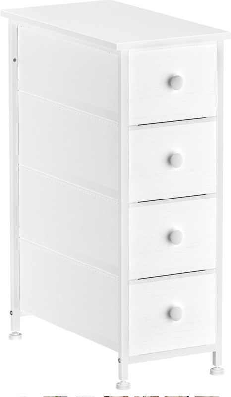 AS IS YILQQPER Narrow Dresser Storage Tower with 4 Removable Fabric Drawers - Slim Dresser with Steel Frame, Wood Top, Knob, White Dresser for Bathroom Organizer, Closet, Small Spaces,White Wood Texture