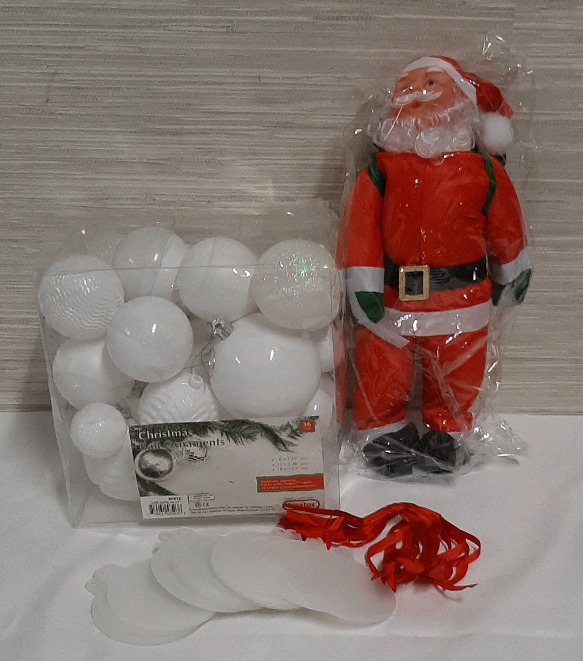 Christmas Craft Lot. Acrylic Blank Ornaments, White Ornaments and a Stuffed Santa